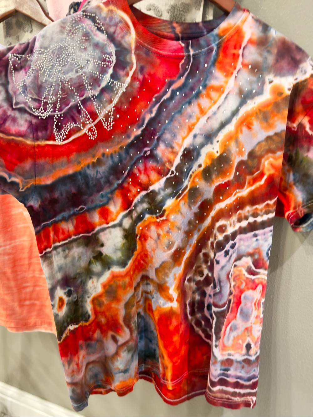 Vibrant Abstract Tie-Dye Tee with Crystal Accents (Bow at top) - 1 of a kind
